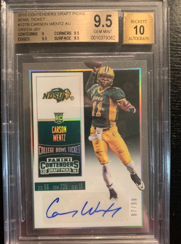 2016 Contenders Draft picks  Carson Wentz Auto BGS 9.5 Gem Mint Bowl Ticket /99 SP Variation 