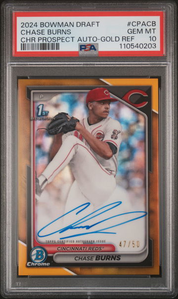 2024 Bowman Draft Chrome Prospect Autograph Gold Refractor Chase Burns #CPACB /50 PSA 10