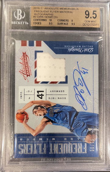 2016-17 Absolute Memorabilia Freq. Flyers Material Auto Dirk Nowitzki 66/75 BGS 9.5