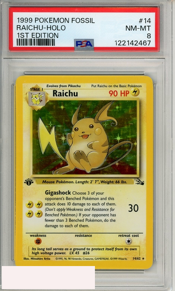 1999 POKEMON FOSSIL RAICHU-HOLO #14 1ST EDITION PSA 8 NM-MT