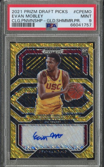 2021-22 Panini Prizm Draft Evan Mobley Rookie Gold Shimmer Auto 2/10 PSA 9 Mint