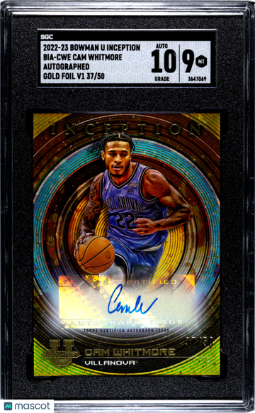 2022 Bowman University Inception Cam Whitmore #BIA-CWE Autograph Gold Foil V1 SGC 9 Auto 10