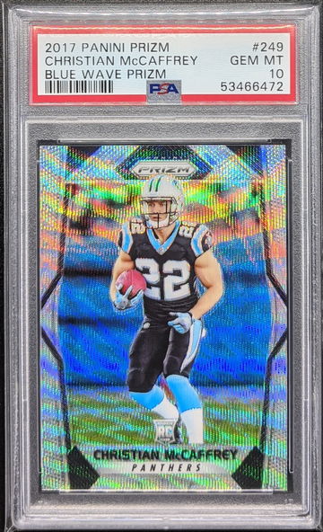 2017 Prizm Christian McCaffrey Blue Wave 33/149 PSA 10 Pop 10