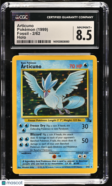 1999 Pokemon Fossil Articuno Holo CGC 8.5 #2/62