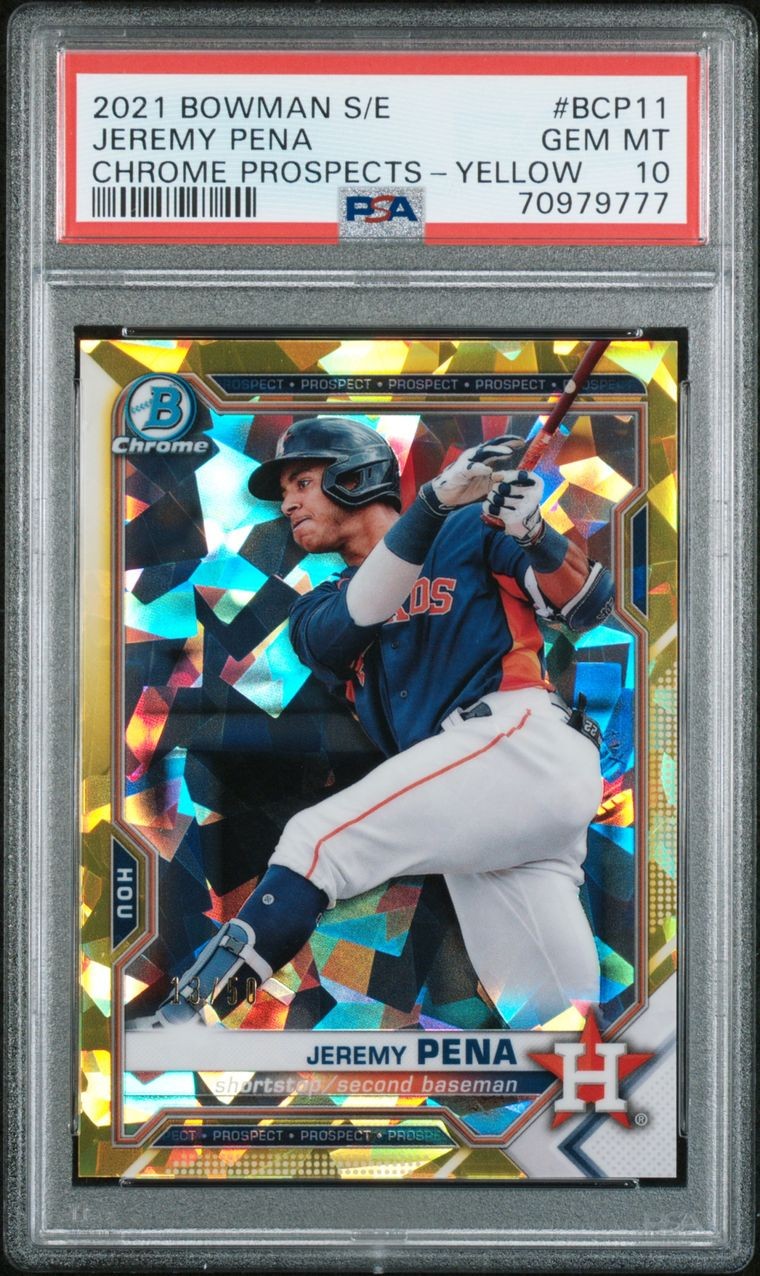 2021 BOWMAN CHROME SAPPHIRE PROSPECTS JEREMY PENA YELLOW /50 PSA 10