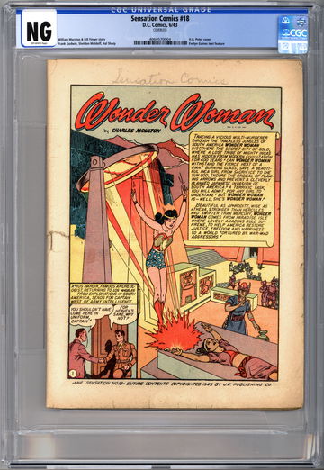 SENSATION COMICS #18 CGC -NG- WONDER WOMAN STORY HG PETER ART -COVERLESS- 1943