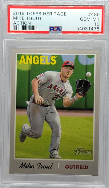 2019 TOPPS HERITAGE #485 MIKE TROUT ACTION PSA 10