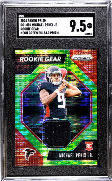 2024 Panini Prizm #RG-MPJ Michael Penix Jr Rookie Gear Neon Green Pulsar Prizm SGC 9.5