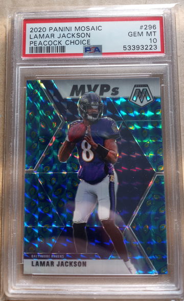 Lamar Jackson 2020 Mosaic Peacock MVPs PSA 10