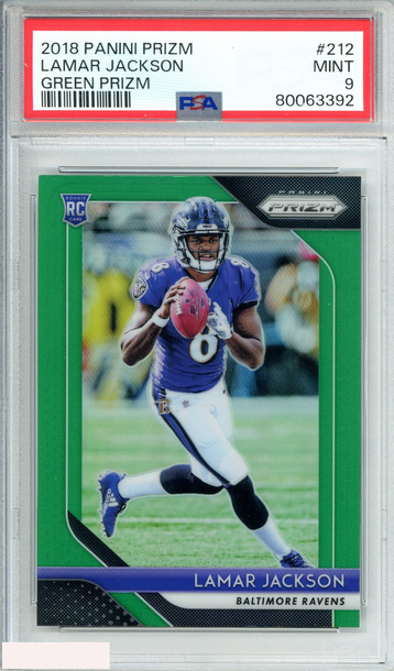 2018 PANINI PRIZM LAMAR JACKSON #212 GREEN PRIZM ROOKIE RC PSA 9 MINT