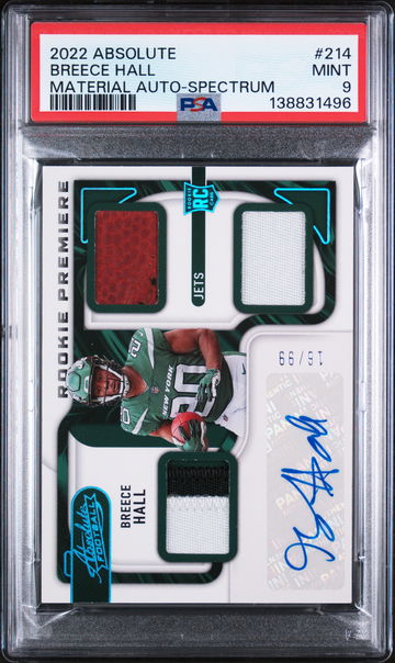 2022 Panini Absolute Material Autograph-Spectrum Breece Hall #214 /99 PSA 9