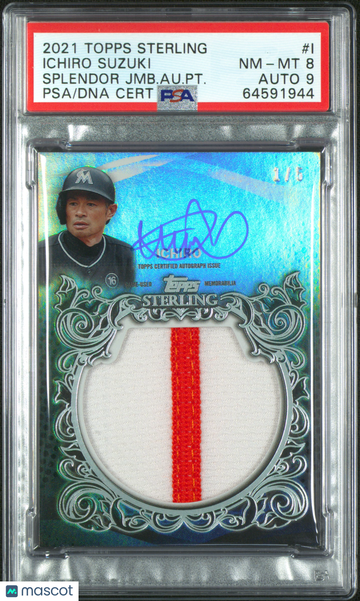 2021 Topps Sterling Splendor Jumbo Autographed Patch Ichiro #I JMB. Au. PT. /6 PSA 8 Auto 9