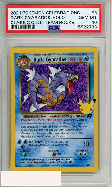 2021 PKMN CELEB CLASSIC COLL DARK GYARADOS-HOLO #8 TM ROCKET PSA 10