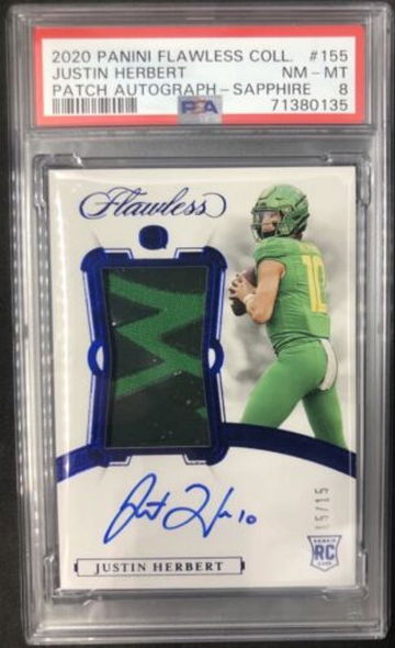 JUSTIN HERBERT 2020 Panini Flawless #155 Collegiate Rookie Patch Auto  PSA 8