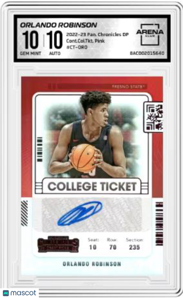 2022-23 Panini Chronicles Draft Picks Orlando Robinson #CT-ORO Cont. College Ticket DP Auto Arena Club 10 Auto 10