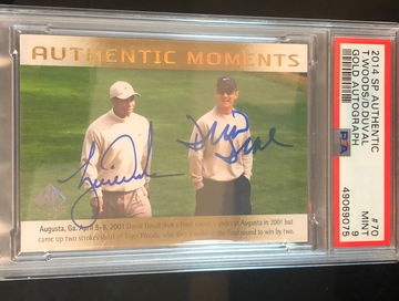 2014 Tiger Woods David Duval SP Authentic Dual On Card Auto PSA 9 Mint Pop 3 