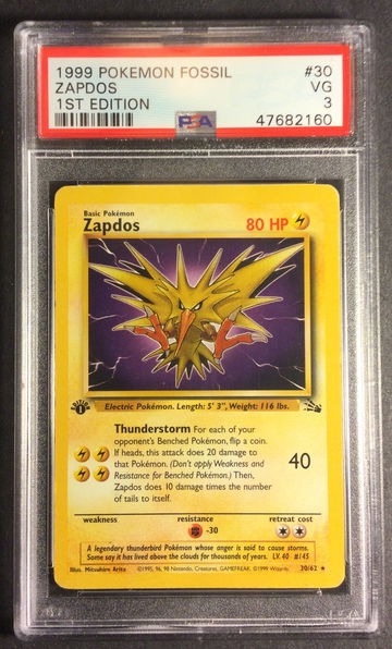 1999 Pokemon Fossil 1st Edition Zapdos 30 /62 PSA 3 VG 