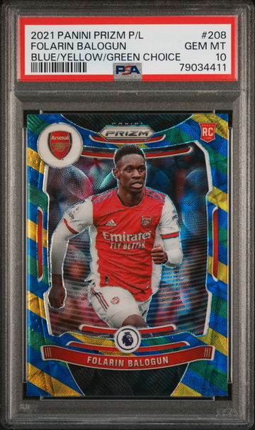 2021 PANINI PRIZM EPL FOLARIN BALOGUN BLUE/YELLOW/GREEN CHOICE SSP #208 RC PSA 10