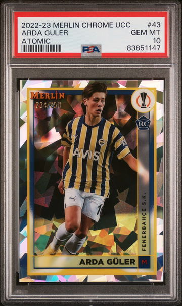 2022-23 MERLIN UEFA UCL ATOMIC REFRACTOR #/249 ARDA GULER #43 RC ROOKIE PSA 10