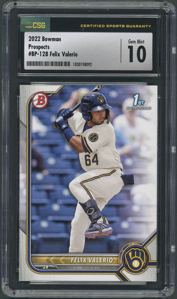 2022 Bowman Prospects Felix Valerio BP-128 Bowman 1st - CSG Gem Mint 10