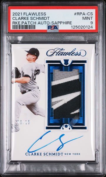 2021 Panini Flawless Rookie Patch Autographs Sapphire Clarke Schmidt #RPA-CS /15 PSA 9