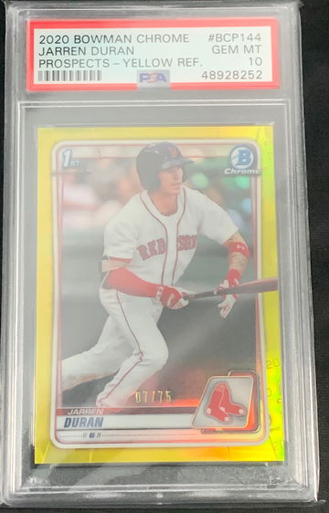 2020 Bowman Chrome 1st Bowman Jarred Duran Yellow /75 PSA 10 (Small Fuzz In Case by “1st Bowman” Logo)