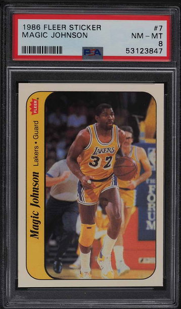 1986 FLEER STICKER MAGIC JOHNSON #7 PSA 8 NM-MT (PWCC-E) Top 15%