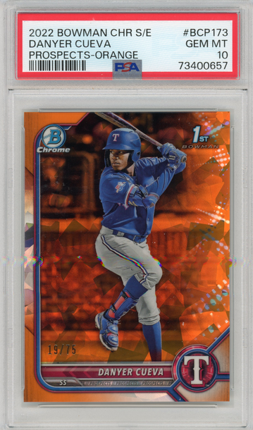 2022 Bowman Chrome Sapphire Edition Danyer Cueva Orange Refractor #"d 19/75 PSA 10 GEM MINT BCP173 Texas Rangers