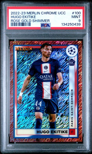 2022-23 TOPPS MERLIN UEFA UCC HUGO EKITIKE #/299 ROSE GOLD SHIMMER #100 RC PSA 9
