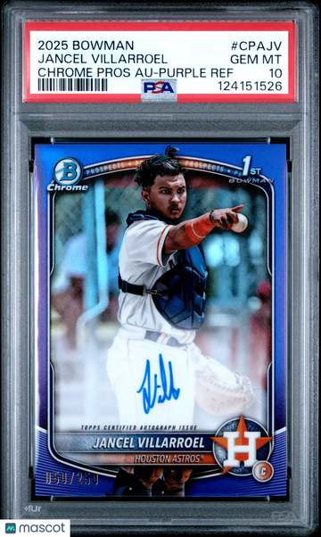 2025 Bowman Chrome Prospect Autographs Jancel Villarroel #CPAJV Purple Ref /250 PSA 10