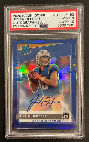 2020 Panini Donruss Optic Justin Herbert Blue Auto /75 Rookie SSP RC #153 PSA 9 Auto 10 