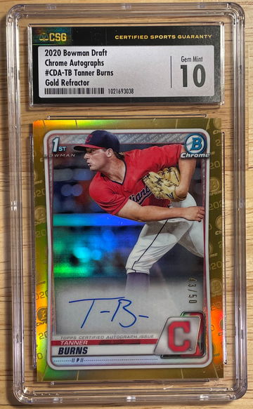 2020 Bowman Draft Chrome Autographs Tanner Burns Gold Refractor Auto #/50 Guardians Indians