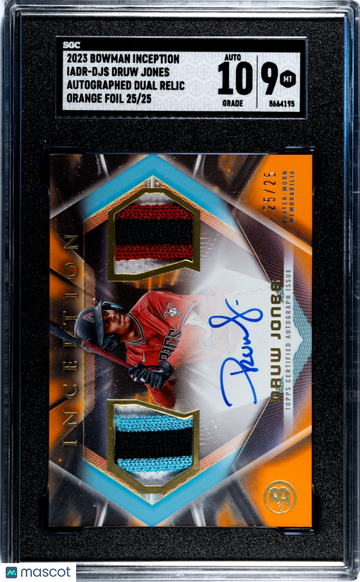 2023 Bowman Inception Druw Jones #IADR-DJS Autograph Dual Relic Orange Foil SGC 9 Auto 10