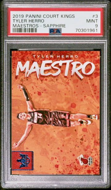 2019 Panini Court Kings Maestros Sapphire 14/25 Tyler Herro RC PSA 9 Mint Heat