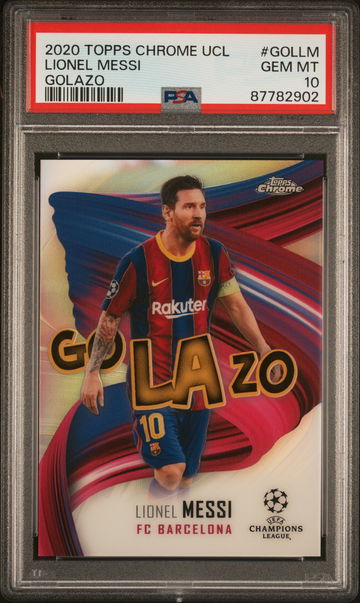 2020 TOPPS CHROME UEFA CHAMPIONS LEAGUE LIONEL MESSI GOLAZO #GOLLM PSA 10