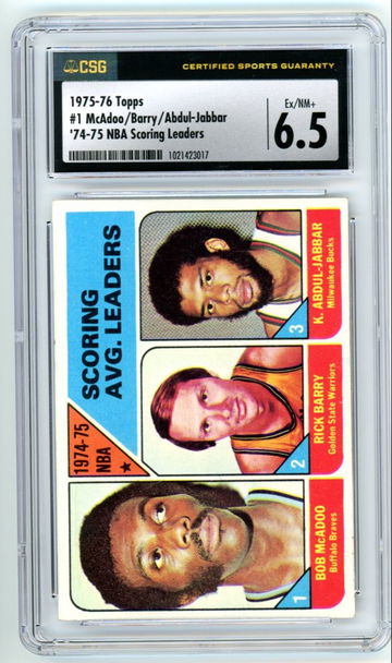 1975-76 Topps NBA Scoring Leaders Kareem Abdul-Jabbar Rick Barry Bob McAdoo CSG 6.5 #1