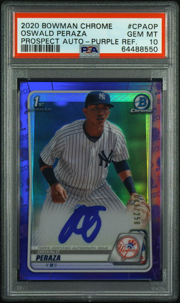 2020 Bowman Chrome OSWALD PERAZA AUTO PURPLE REFRACTOR 43/250 PSA 10