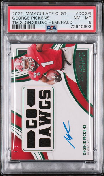 George Pickens 2022 Panini Immaculate Auto Jersey RC Team Slogans Emerald 3/5 Georgia PSA 8 NM-MT Go Dawgs