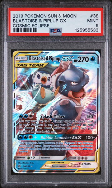2019 Pokemon Sun and Moon Cosmic Eclipse Blastoise/Piplup Gx #38 PSA 9