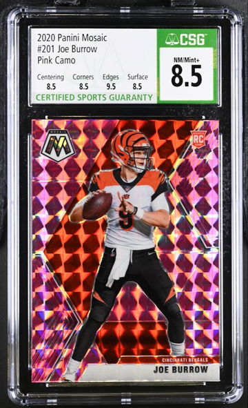2020 Panini Mosaic Joe Burrow Rookie Pink Camo Prizm CSG 8.5