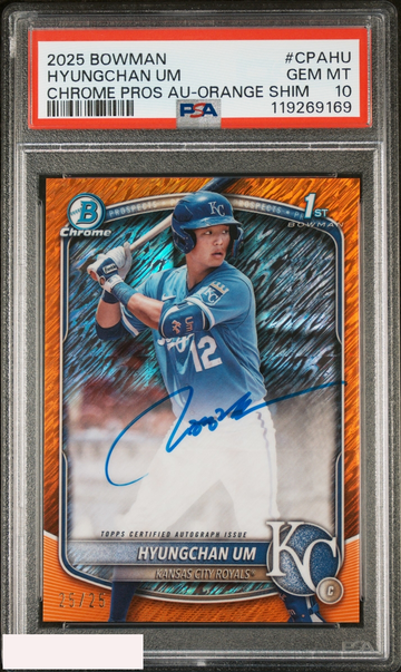 2025 BOWMAN CHROME PROSPECT AUTO HYUNGCHAN UM ORANGE SHIMMER OF 25 1ST RC PSA 10