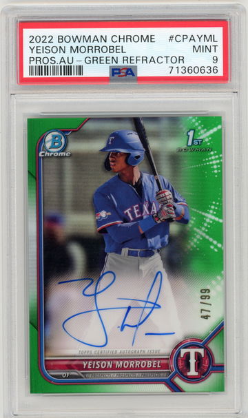 2022 Bowman Chrome Yeison Morrobel Auto Green Refractor 47/99 Texas Rangers PSA 9