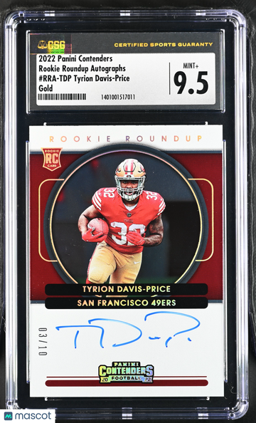 2022 Panini Contenders Tyrion Davis-Price #RRA-TDP Gold Rookie Roundup Autographs CGC 9.5