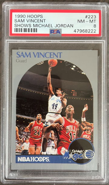 1990-91 Hoops #223 Sam Vincent w/Michael Jordan Wearing #12 Jersey PSA 8