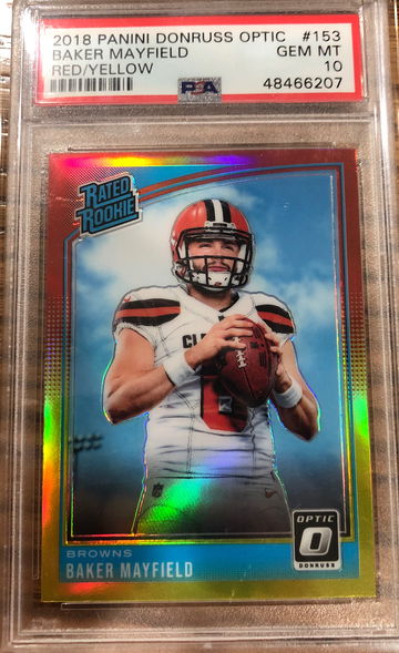 2018 panini Donruss Optic Baker Mayfield Red/Yellow PSA 10