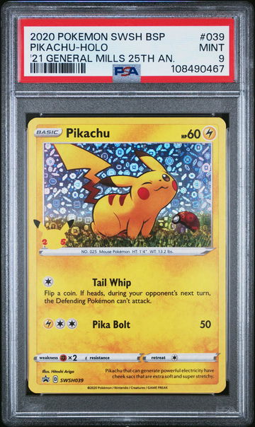2020 Pokemon Sword and Shield Black Star Promo '21 General Mills 25th Anniversary Holo Pikachu #039 PSA 9