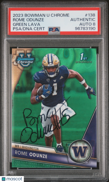 2023 Bowman University Chrome Rome Odunze #138 Green Lava PSA A Auto 8