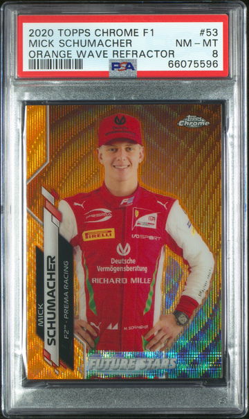2020 Topps Chrome F1 Mick Schumacher Rookie Prospect RC Orange Wave Refractor /25 PSA 8