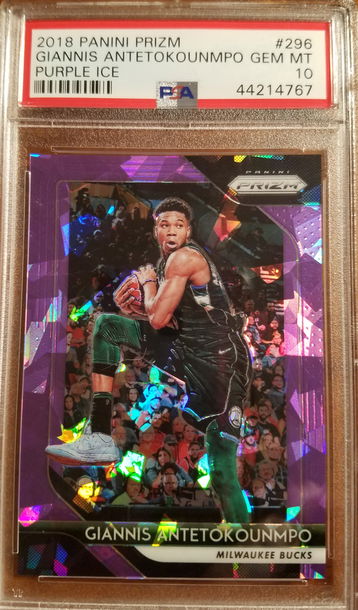 2018-19 MVP YEAR Prizm Purple Ice Prizm #'d 082/149 Giannis Antetokounmpo PSA 10 Gem Mint