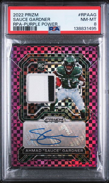 2022 Panini Prizm Rookie Patch Autograph Purple Power Prizm Ahmad Gardner #RPA-AG /49 PSA 8
